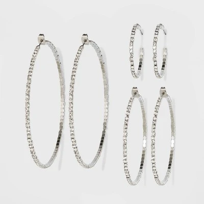 Trio Imitation Rhodium With Glass Crystal Rhinestone Hoop Stud Earring Set 3pc - Wild Fable™ White Crystal: Sparkly Hoops, Nickel-Free Metal 20 Trio Imitation Rhodium With Glass Crystal Rhinestone Hoop Stud Earring Set 3pc - Wild Fable™ White Crystal: Sparkly Hoops, Nickel-Free Metal - Image 18