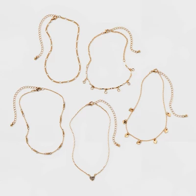Embellished Heart Chain Choker Necklace Set 5pc - Wild Fable™ Gold 3 Embellished Heart Chain Choker Necklace Set 5pc - Wild Fable™ Gold