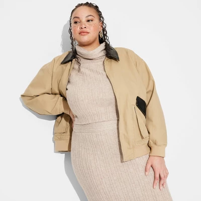 Women's Canvas & Faux Leather Bomber Jacket - Wild Fable™ Tan 5 Women's Canvas & Faux Leather Bomber Jacket - Wild Fable™ Tan - Image 3