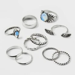Moonstone And Frozen Chain Wings Ring Set 10pc - Wild Fable™ Silver